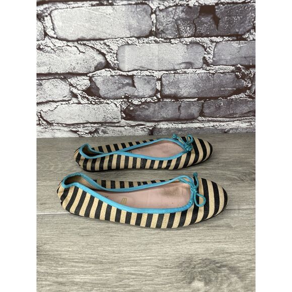 Pretty Ballerinas Fabric Black Stripe Blue Bow Ballet Flats Women’s 37.5EU/7M US - Picture 1 of 16